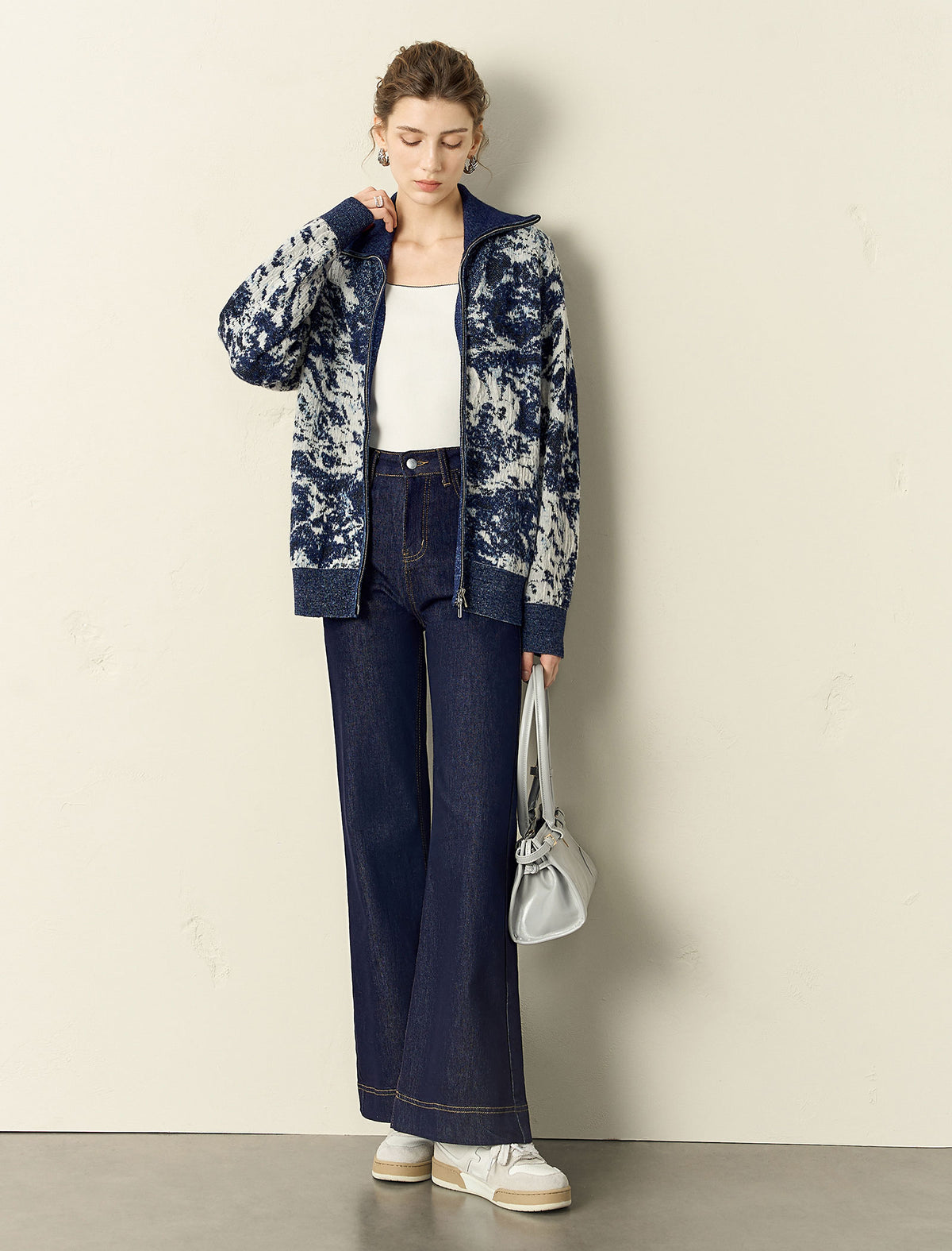 Patterned Zip-Up Knit Cardigan