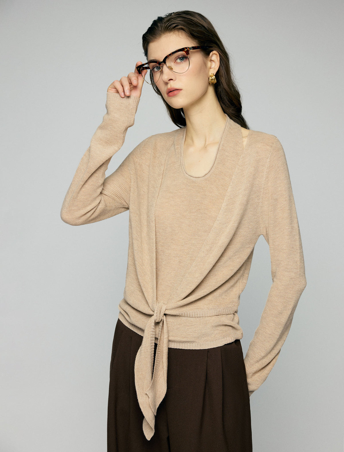 Layered Tie Front Long Sleeve Knit Top