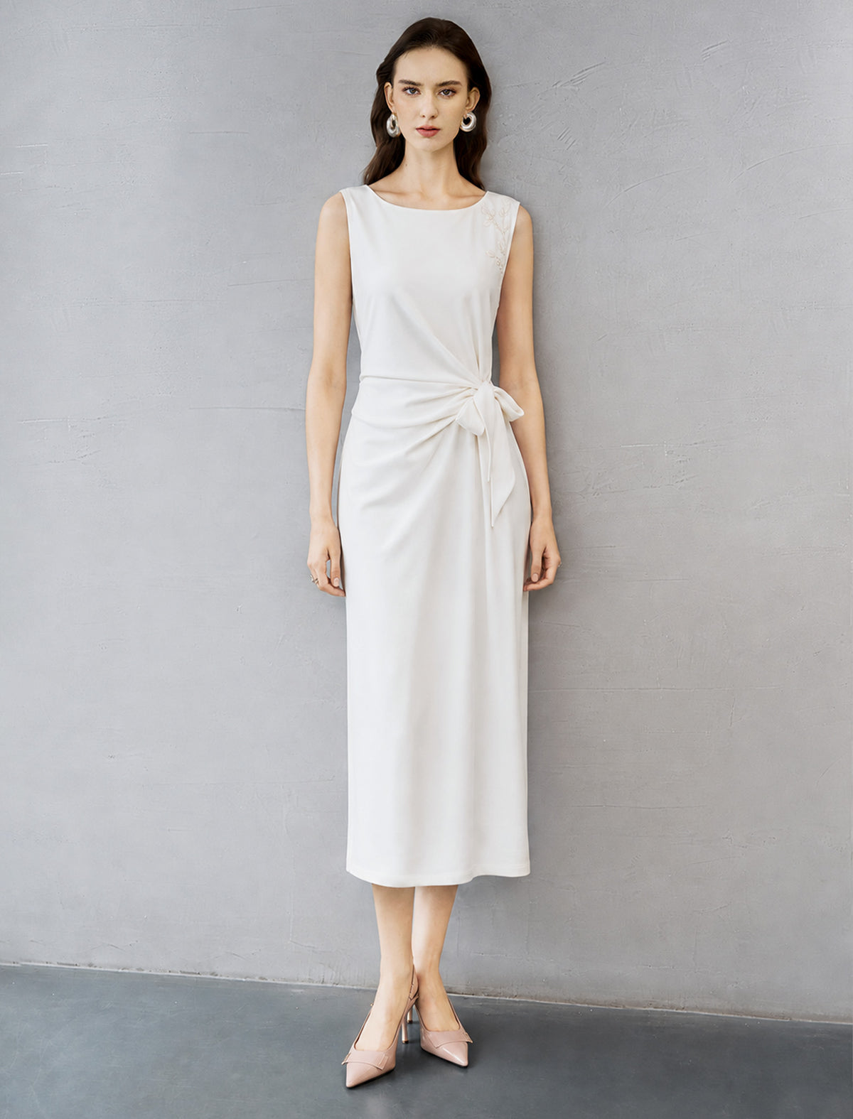 Hand-Embroidered Beaded Sleeveless Midi Sheath Dress