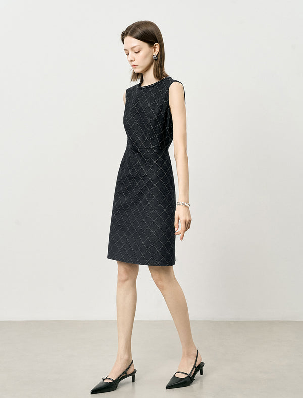 Black Diamond-Print Sheath Trimmed Neckline Dress