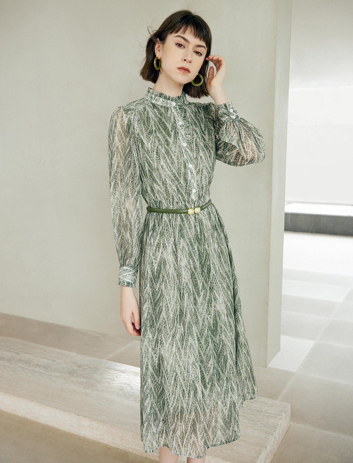 Floral Print Button-Front Belted Fitted Dress