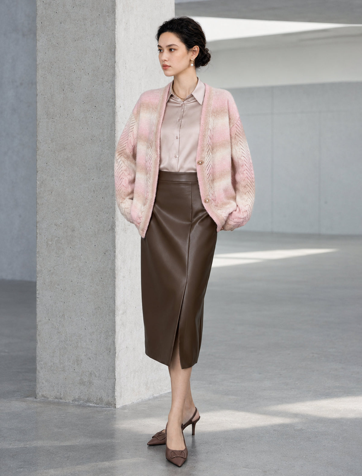 Gradient V Neck Button Front Knit Cardigan