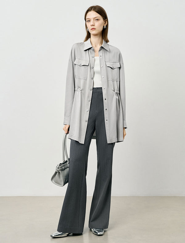 Gray Tencel Waist-Defining Mid-Length Shirt Cardigan