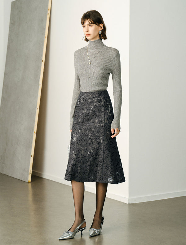 Floral Lace Flared Hem Midi Skirt