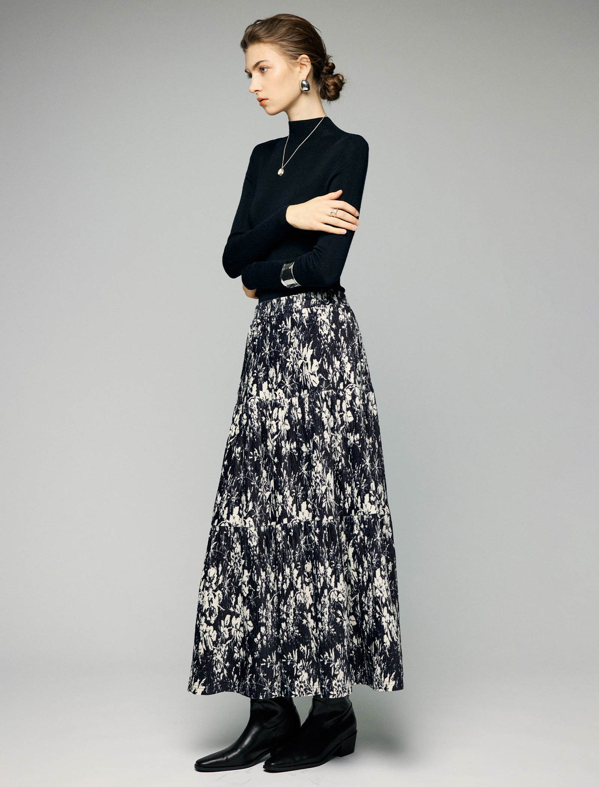 Watercolor Floral Tiered Elastic-Waist A-Line Midi Skirt