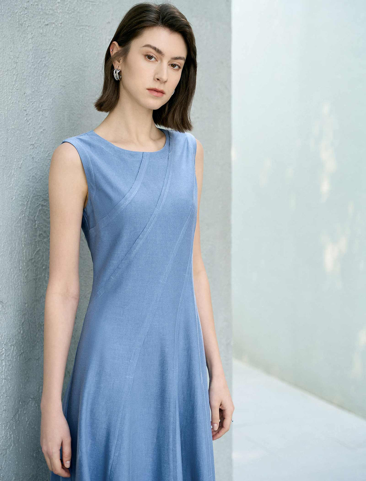 Solid Waist-Cinched A-Line Sleeveless Dress