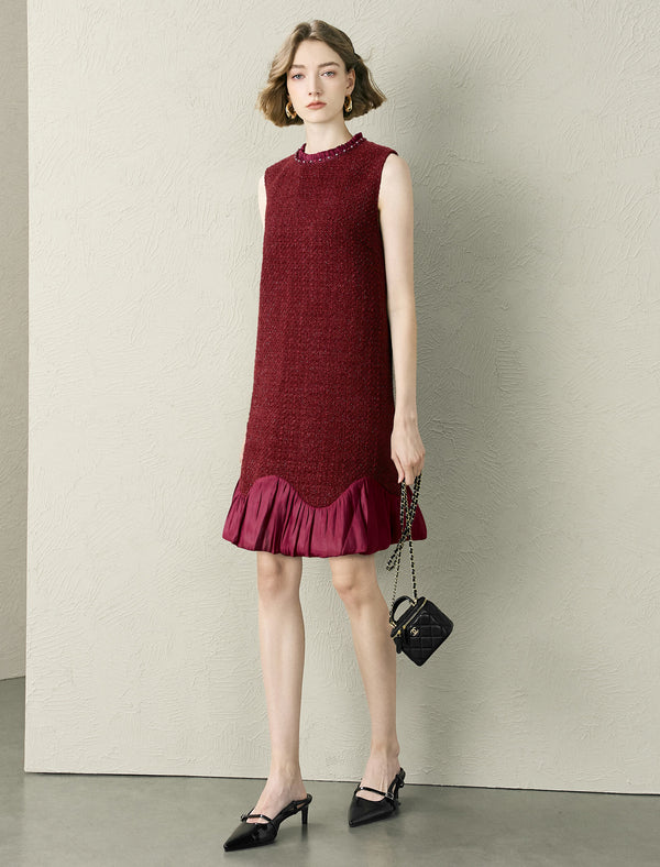 Burgundy Tweed Wool Blend Ruffle Hem Sleeveless Midi Dress