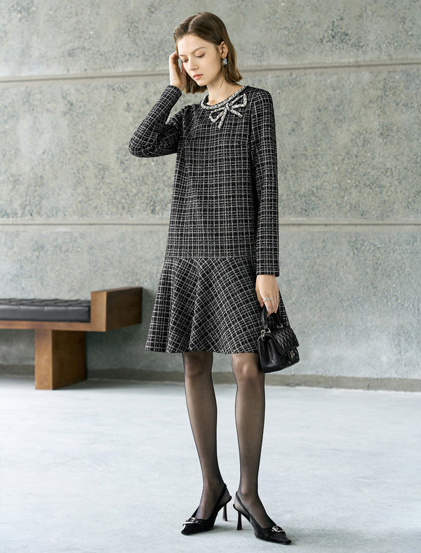 Tweed Plaid Bow Detail Dress