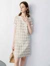 V-Neck Lace Plaid Print Dress