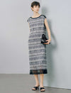 Striped Textured Lace-Hem Midi Dress