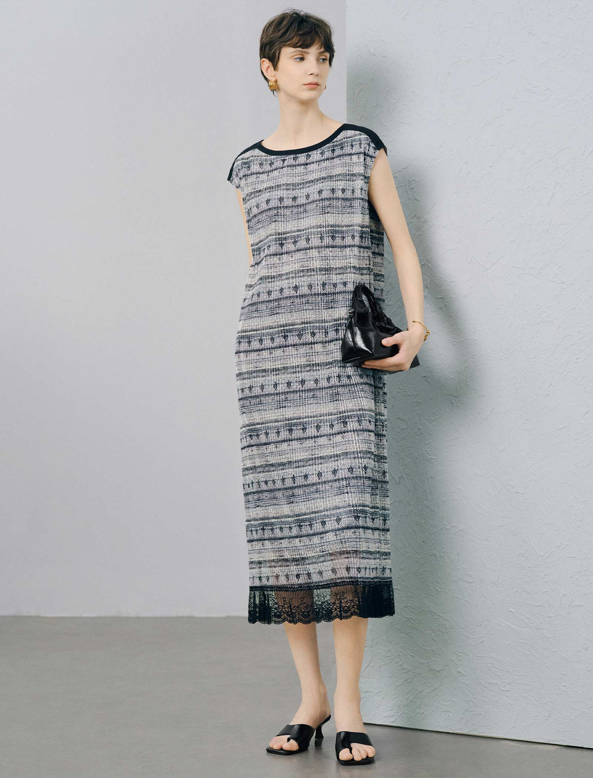 Striped Textured Lace-Hem Midi Dress