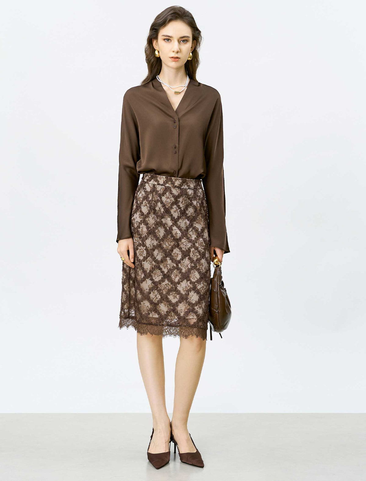 Brown Lace Embroidered Midi Skirt