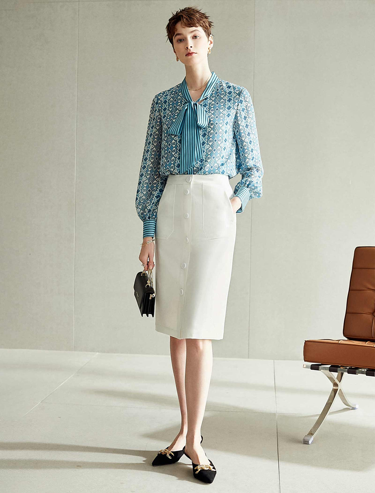 White Button-Front Midi Pencil Skirt