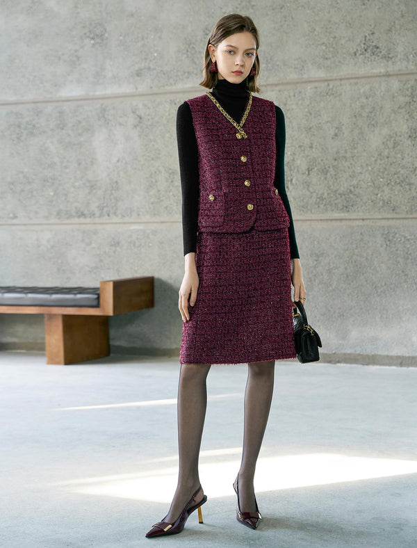 Red Tweed Vintage V-Neck Vest Coat