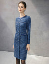 Braided-Trim Crewneck Long Sleeve Pearl-Button Straight Dress