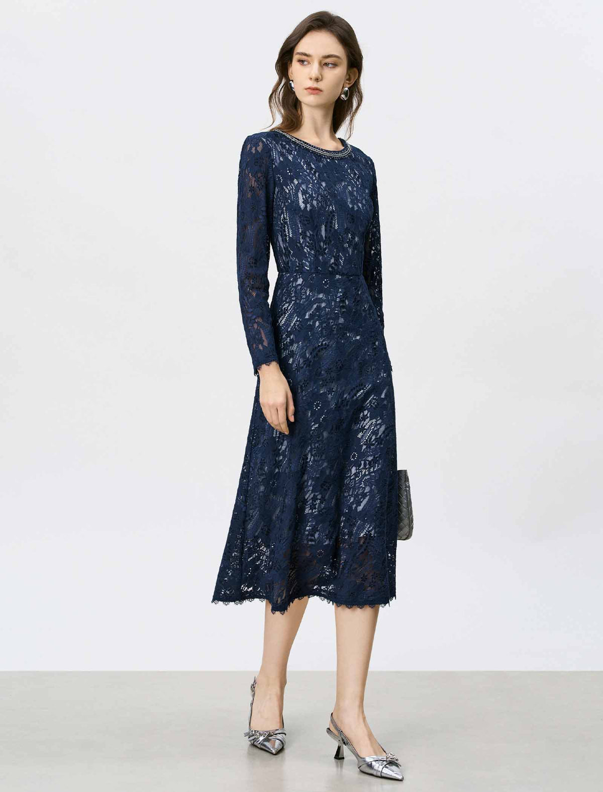 Navy Blue Beaded Neckline Lace Midi Dress