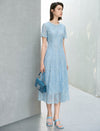 Light Blue Lace Pearl Neckline Midi Dress