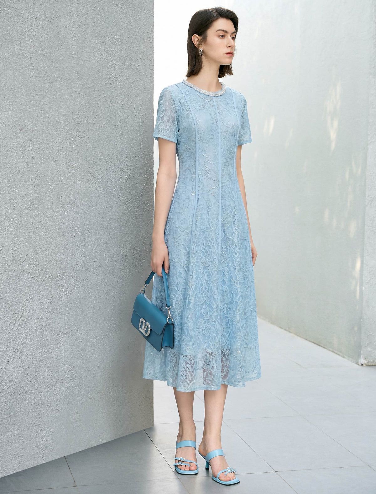 Light Blue Lace Pearl Neckline Midi Dress