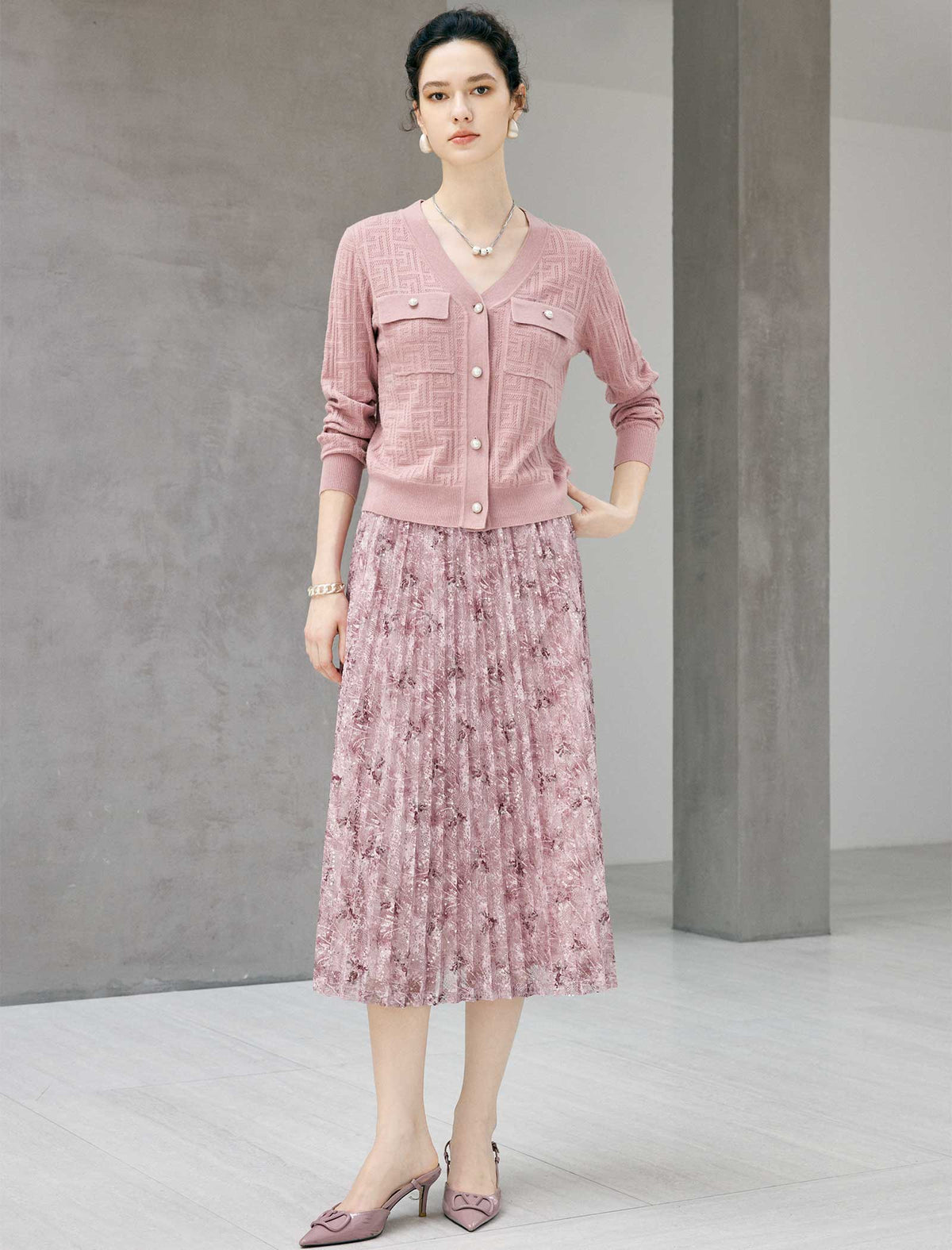 Dusty Pink Lace Pleated Midi Skirt
