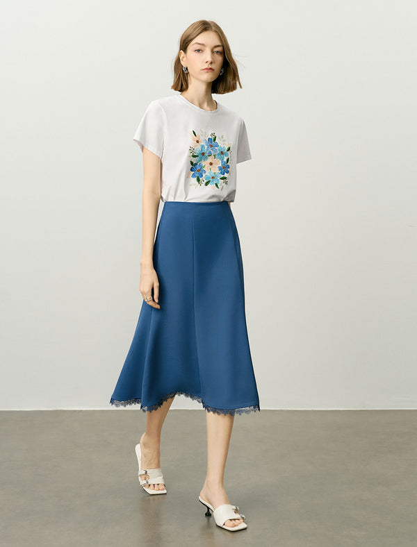 Lace Trim A-Line Midi Skirt