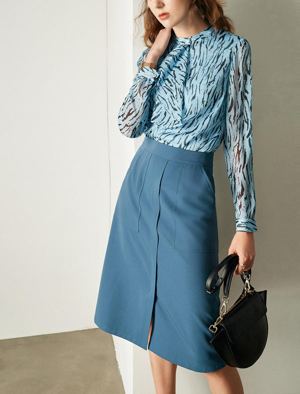 Ruffle Detail Zebra-Print Sheer Blouse