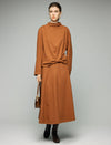 Wool Blend Elastic-Waist A-Line Midi Skirt