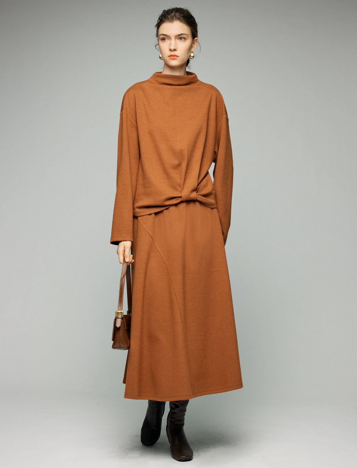 Wool Blend Elastic-Waist A-Line Midi Skirt
