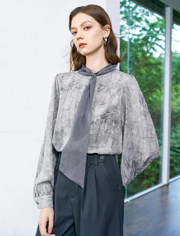 Floral Jacquard Scarf Detail Puff Sleeve Blouse