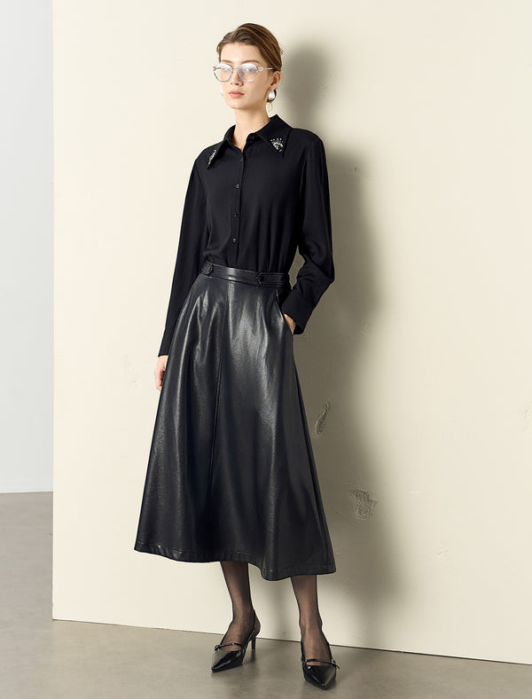 A-Line PU Leather Midi Skirt