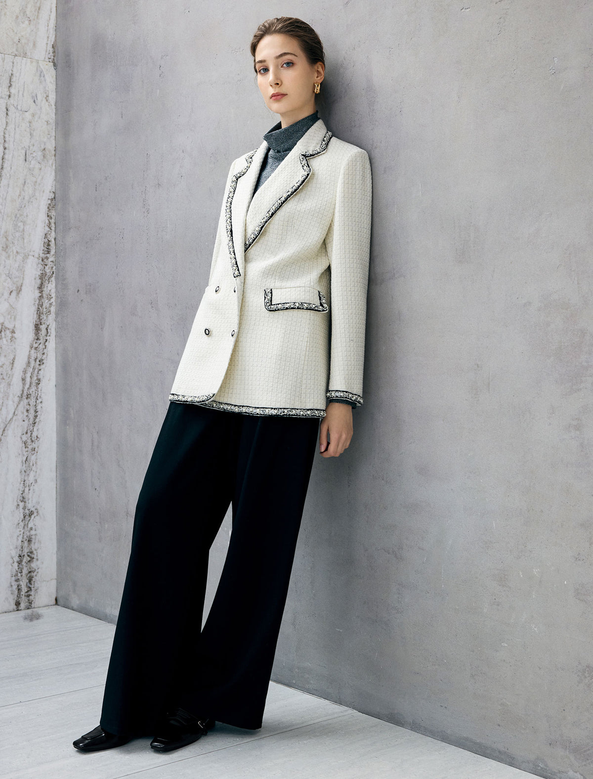 Wool Blend Braided-Trim Double-Breasted Notched-Lapel Jacket