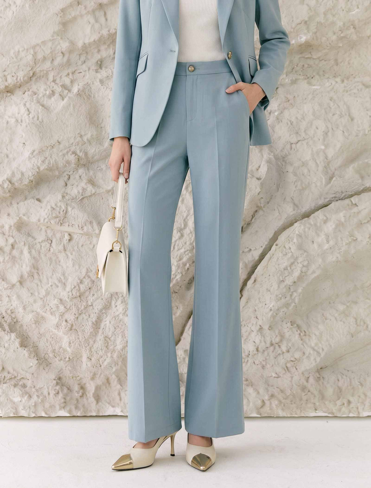 Light Sky Blue High Waist Front Crease Flare Suit Pants