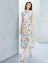 Abstract Art Print Sleeveless Waist-Fitted Mulberry Silk Midi Dress