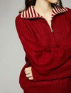 Striped-Collar Cable-Knit Long Sleeve Zip-Front Cardigan