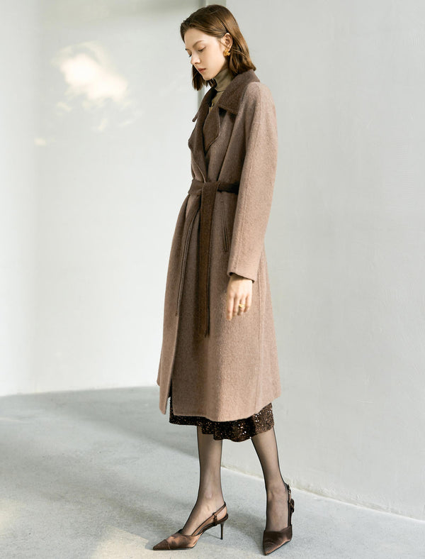 Contrast Lapel Wool-Blend Self-Tie Overcoat