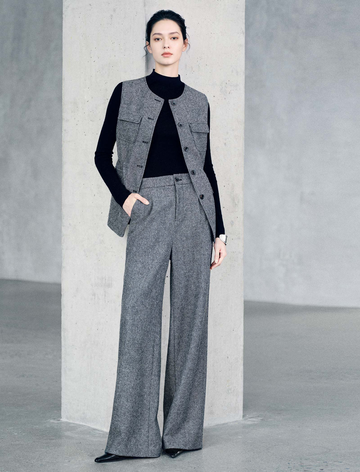 Textured High Waist Wide Leg Pants