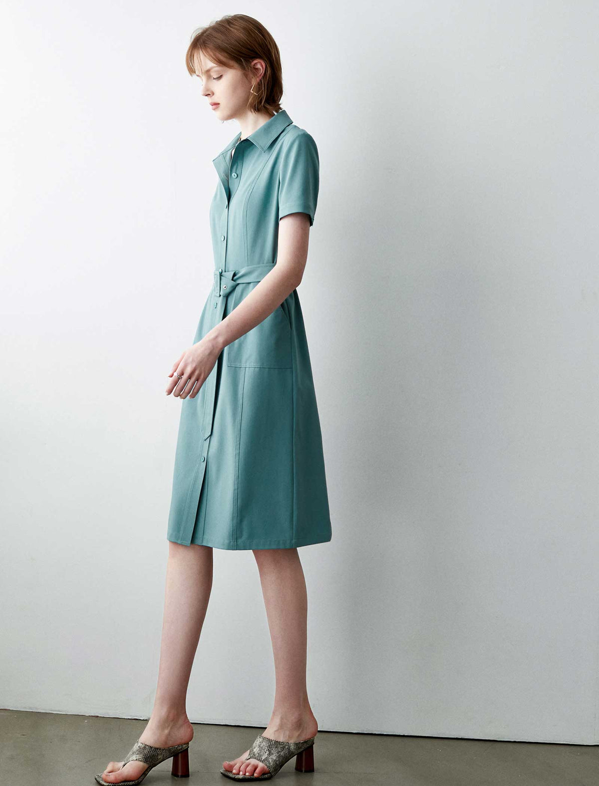 Teal Belted Shirt Midi Dress