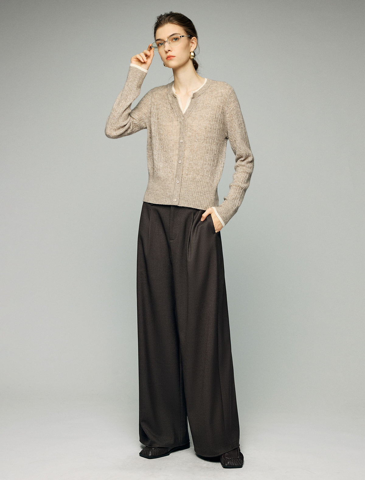 Wool Blend Pleated High-Waist Wide-Leg Pants
