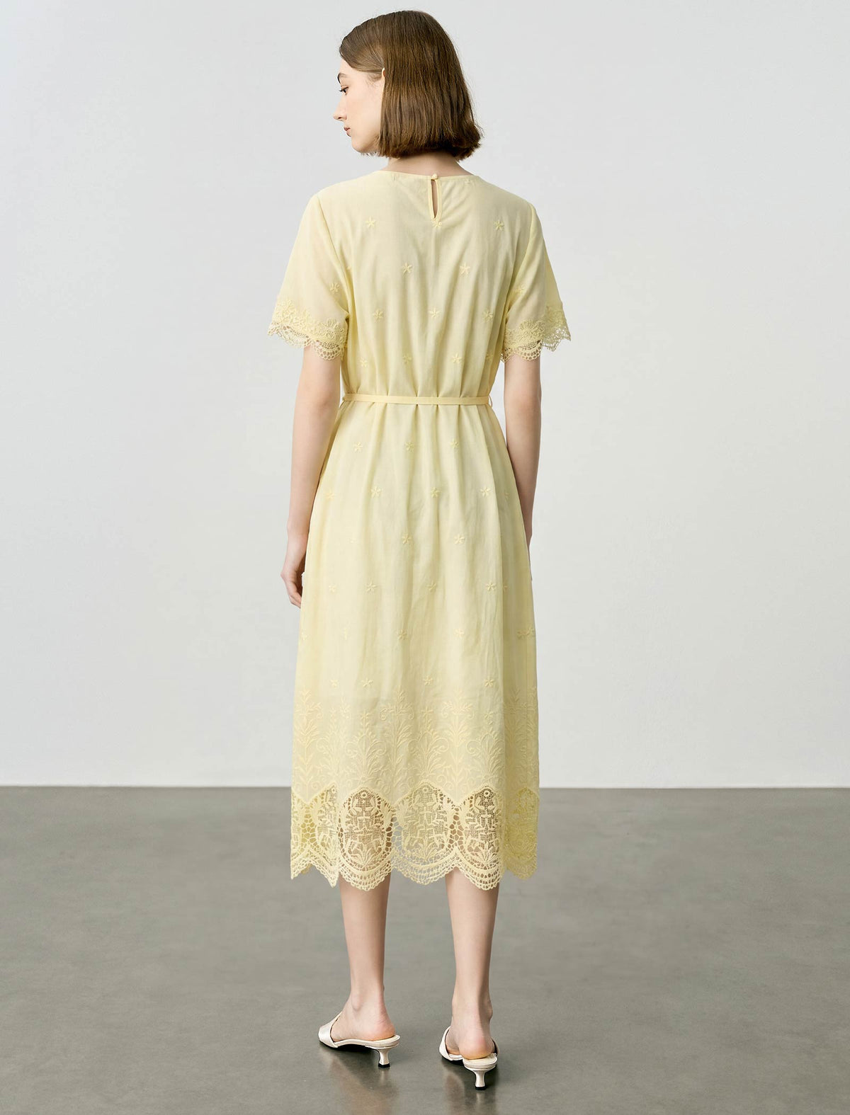 Pale Yellow Embroidery Lace Hem Tie Waist Midi Dress
