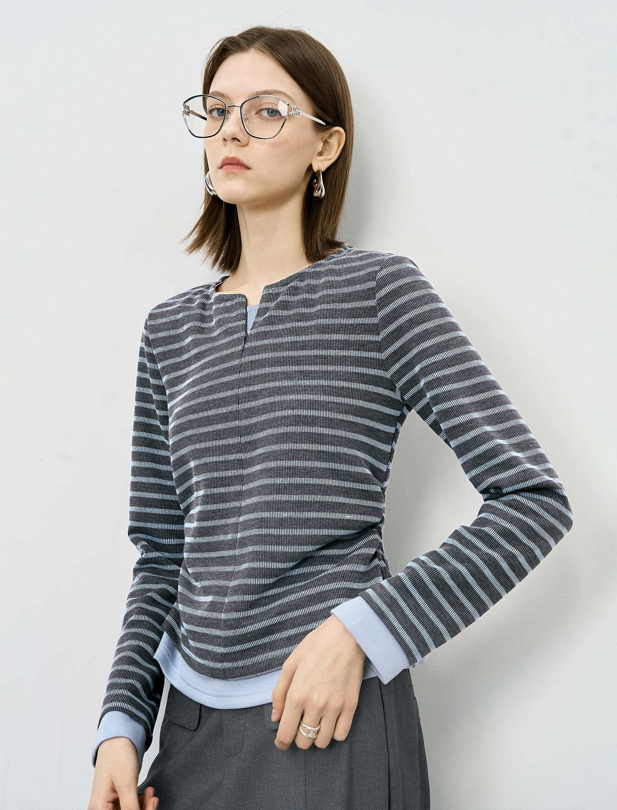 Stripe Long-Sleeve Notch-Neck Ruched Top