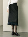 Black Tweed Wool-Blend Ruffle Hem Midi Skirt