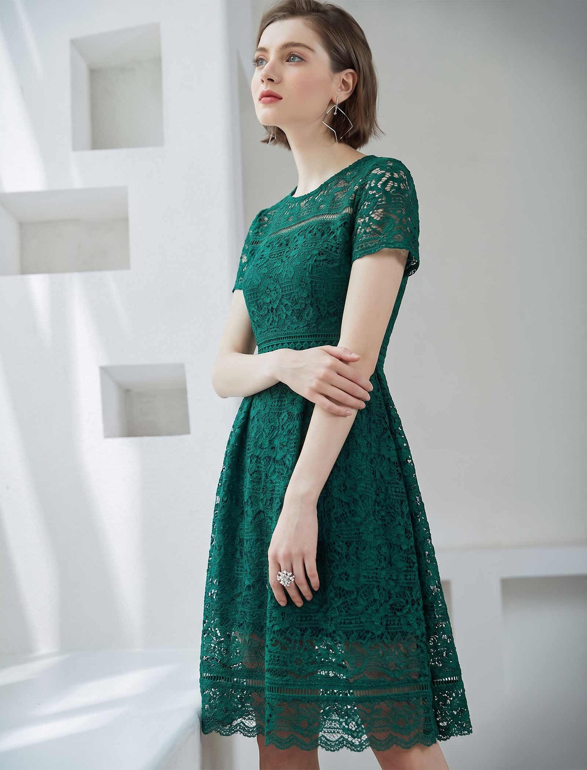 Vintage Lace Waist-Cinched Ruffle Dress
