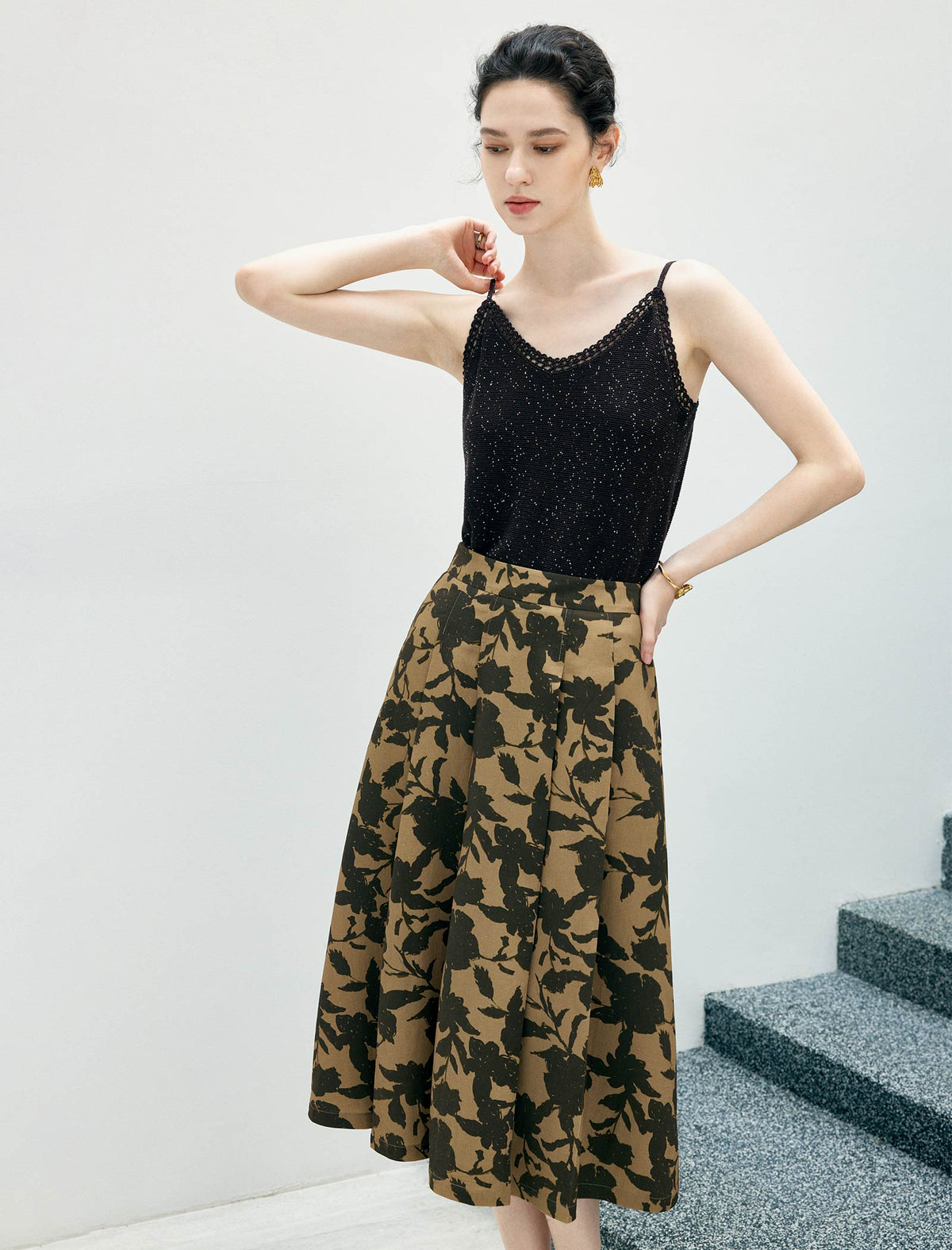 High‑Waist Floral Print A‑Line Midi Skirt