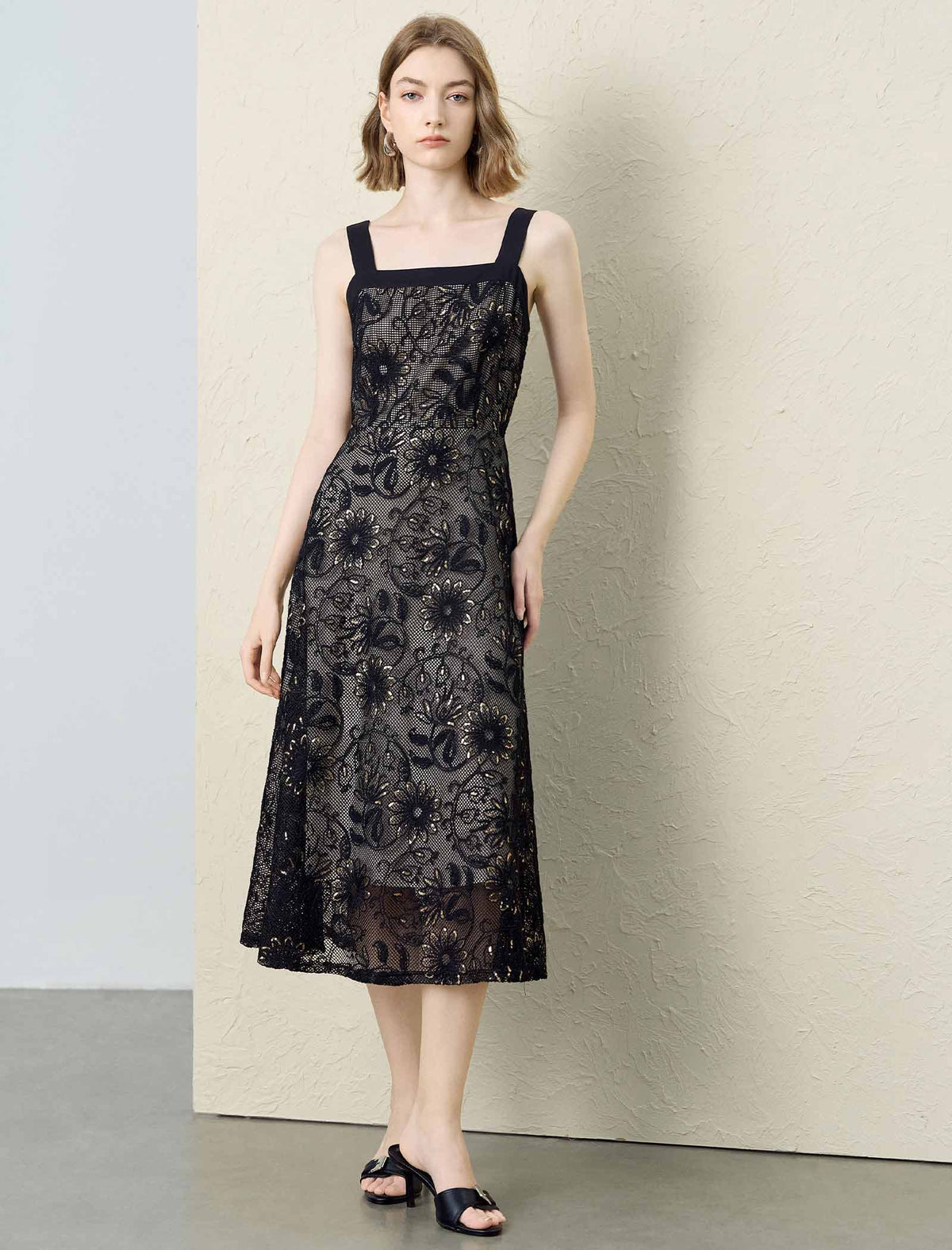 Black Gold Floral Sequin Lace Wide Strap Midi Slip Dress