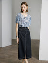 Leaf Print Tie Neck Puff Sleeve Top