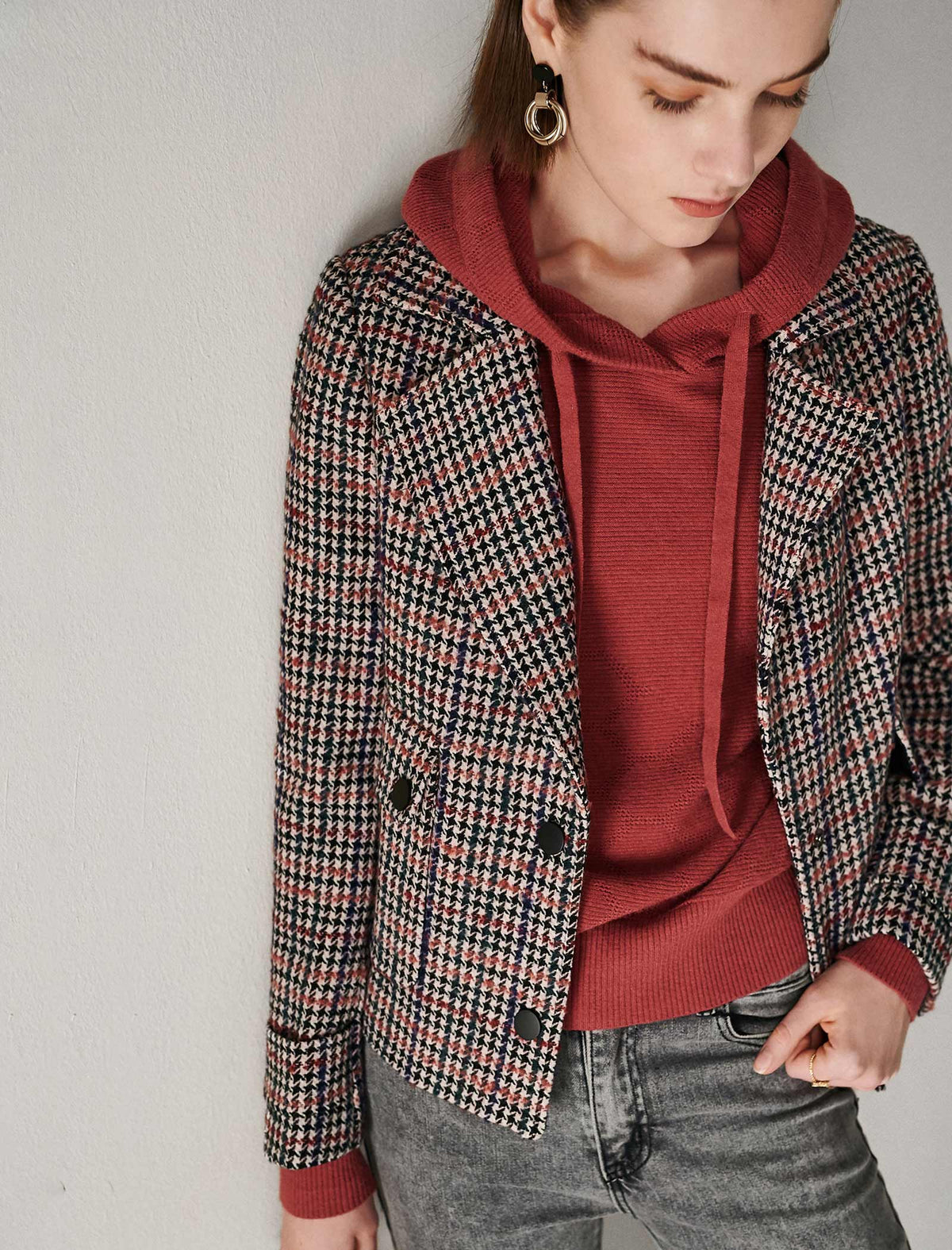 Plaid Button-Front Pocket Cropped Jacket