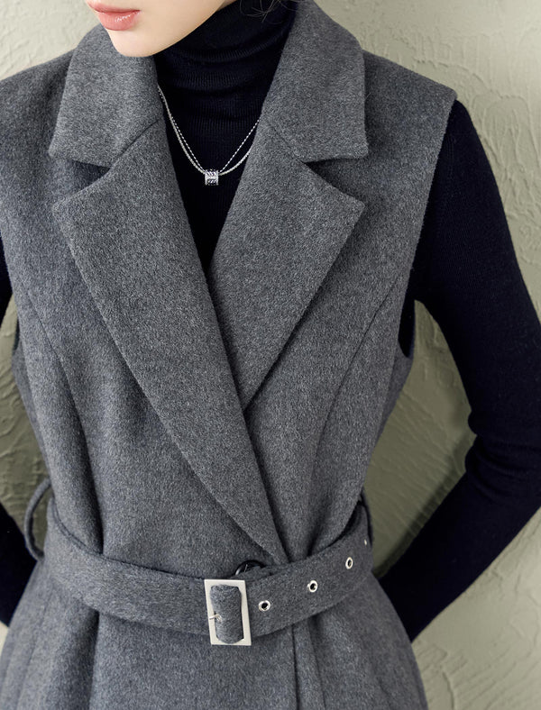 Wool Blend Tailored Sleeveless Midi Dress with Belt