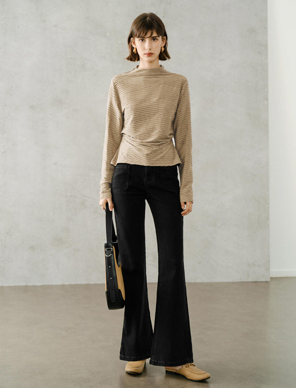 Ruched Slim Fit Mock Neck Long-Sleeve Knit Top