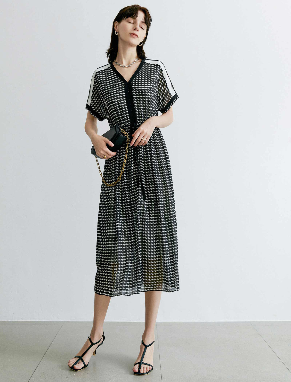 V-Neck Floral Waist-Cinched Dress