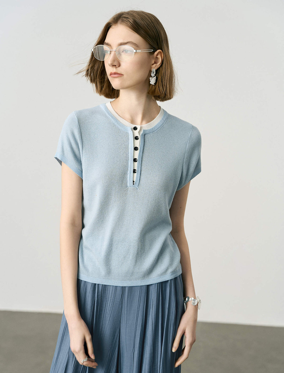 Light Blue Henley Knit Top