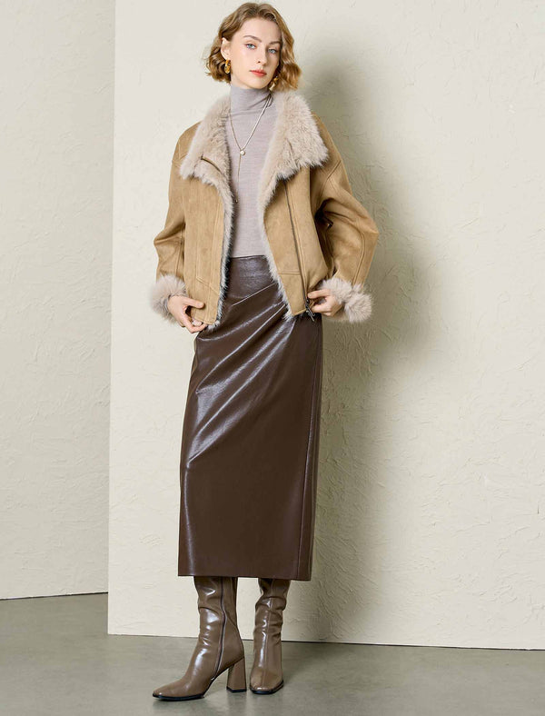 Faux Suede Fur Trim Cropped Jacket